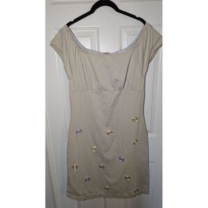 Vintage Y2K Tommy Hilfiger Dress Women's Sz 10 Tan Embroidered Flowers Cotton